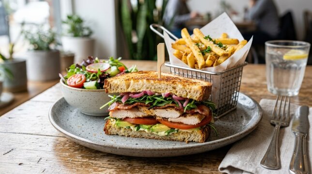 Gourmet sandwich with side dishes, appetizing lunch plate, layered filling, crisp bread, fresh ingredients, cafe menu concept with styled presentation for restaurant, takeaway and food advertising