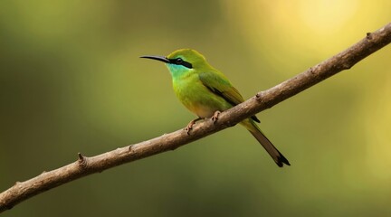 Fototapeta premium Small green bird with black beak sits on a brown tree branch. Background has blurred green and yellow colors. Wildlife scene with vibrant fauna.