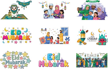 Obraz premium Eid mubarak celebration collection with families and cute msea set
