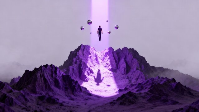 Person floating above purple mountain