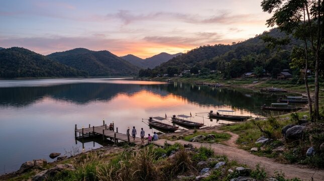 Landscape of Huai Tha Khoei Reservoir in evening at Ban Kha Ratchaburi Thailand, tranquil reservoir view with soft twilight atmosphere and natural travel charm, polished photoreal finish, no logos