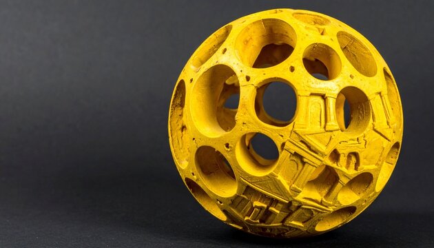 Yellow spherical object with intricate cutouts of arches, columns, and human silhouette, symbolizing artistic geometry, architectural detail, and decorative design against dark background.Yellow spher