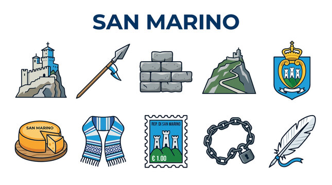 San Marino Icons Collection Featuring Landmarks and Symbols.