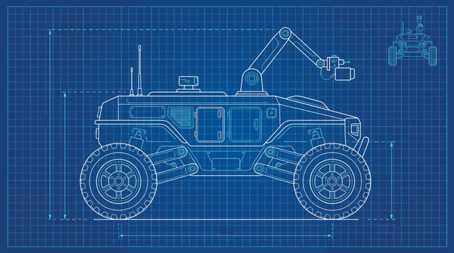 Blueprint Technical Drawing of Autonomous Rover With Robotic Arm and Off-Road Design for Engineering