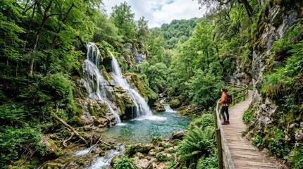 Fototapeta premium San Miguel waterfall in Burgos, Spain, scenic cascade, forest landscape and nature travel concept for tourism campaigns, editorial storytelling and destination branding, flowing water and lush rocky