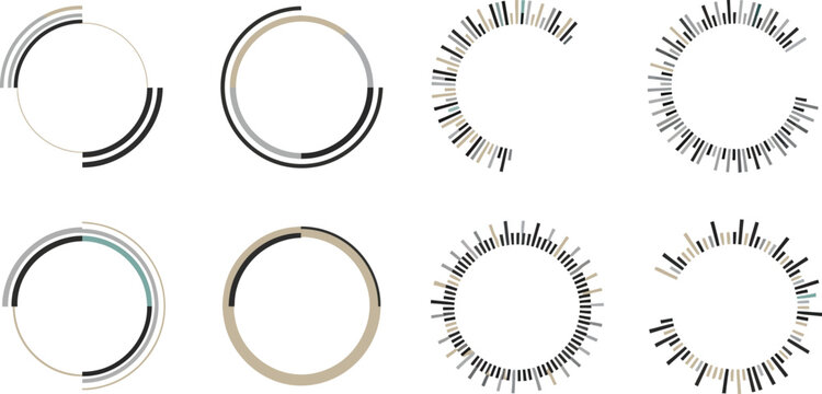 Set of round vector icons and blank label elements featuring wedding rings on a white background for web design decoration