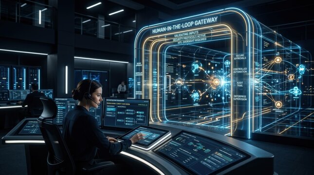 Multi-agent system human-in-the-loop gateway checkpoint, enterprise supervision, secure approvals, controlled automation and responsible orchestration concept, luminous gateway stage between user