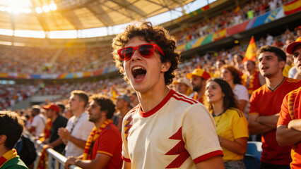 Fototapeta premium Shouting male fan wearing cream red-trimmed T-shirt and red sunglasses, cheering in stadium stands
