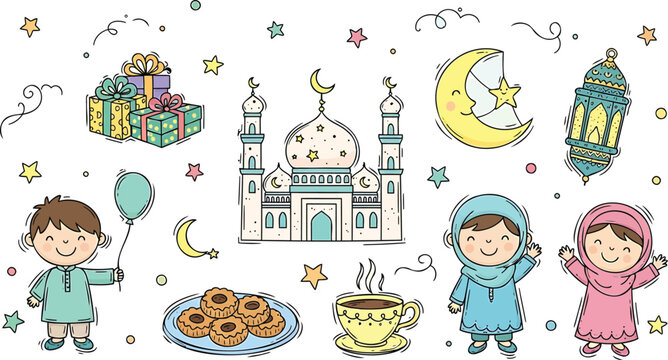 Hand-drawn ramadan celebration with mosque, kids, and sweets msea set