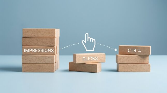 CTR click through rate concept with wooden blocks and finger icon on minimal blue background, digital marketing metric, online advertising, conversion optimization and user engagement analysis, clean