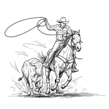 Cowboy roping a calf on horseback in a dynamic sketch style