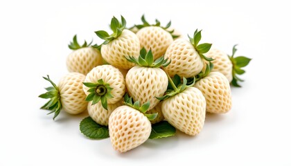 Fototapeta premium The image features a group of white strawberries arranged together on a white background. The strawberries have a unique creamy color and are covered with a lattice like pattern on their surface