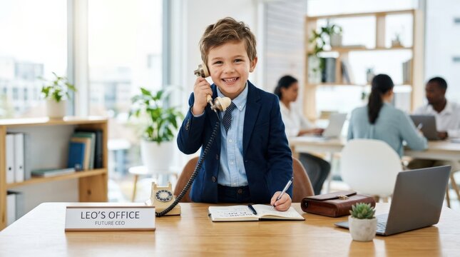 Child pretend to be businessman, playful business ambition concept for leadership, success, imagination, confidence and future career dreams, natural light, photorealistic, high detail, crisp focus,