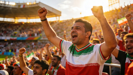 Fototapeta premium Cheering man in white green red jersey raising fists at stadium, with flags and scarves