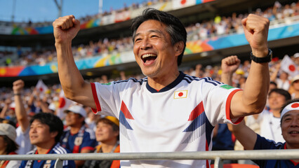 Fototapeta premium Cheering Asian male fan wearing white Japan jersey raising fists in stadium front row, behind rail