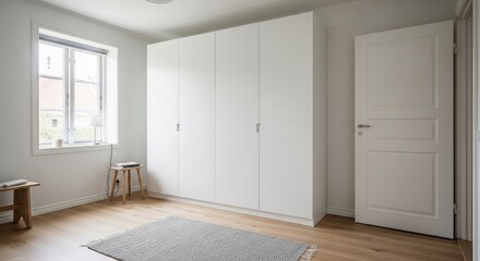 Fototapeta premium Bright Scandinavian style room with simple white wardrobe, showing clean everyday interior design, light wood flooring, and practical modern home storage.