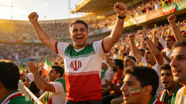 Cheering man in white green red national team jersey raising arms in stadium, with flags scarves