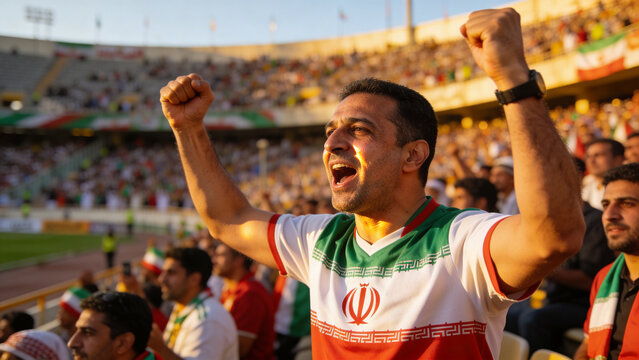 Cheering male fan wearing white green red jersey raising arms at football stadium, with flags
