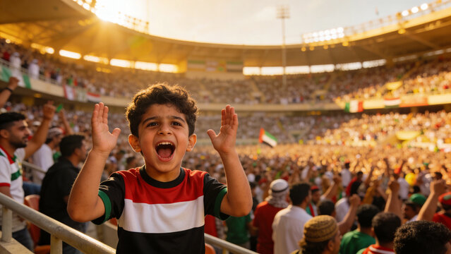 Cheering boy wearing striped shirt with green sleeves, at metal rail in stadium, amid waving flags