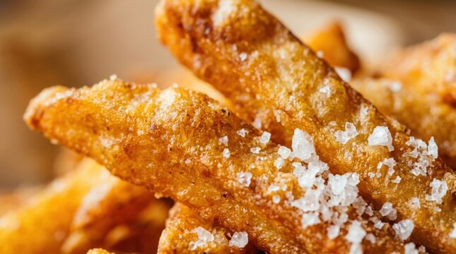 Crispy French fries macro close up with visible salt texture, irresistible fast food concept for menu design, snack branding and appetizing culinary advertising golden crunch detail, warm highlights,