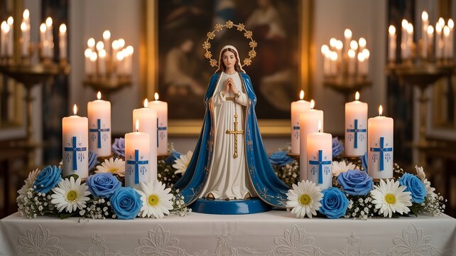 Statue of Virgin Mary surrounded by burning candles and flowers in church setting.