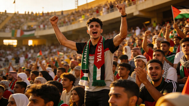 Cheering male supporter standing on seat, wearing tri-color scarf at stadium with Palestinian flags