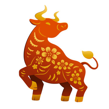 Red cow with golden floral pattern for Chinese New year