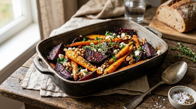 Baked beetroot and carrots seasoned with herbs and spices, homemade roasted vegetable dish with warm earthy tones, rustic comfort food appeal and wholesome seasonal meal styling, soft natural light,