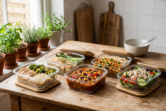 Contenitori di meal prep con piatti sani e bilanciati su tavolo di cucina illuminato dalla luce naturale. Immagine ideale per temi alimentazione sana, dieta, nutrizione e organizzazione dei pasti.