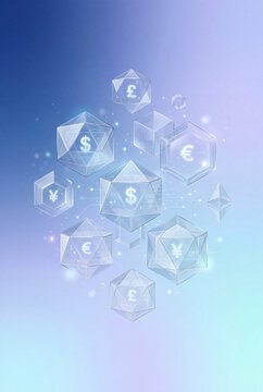 Illustrazione astratta con forme geometriche trasparenti e simboli valutari interconnessi. Estetica premium per rappresentare finanza digitale, economia globale e network monetari.