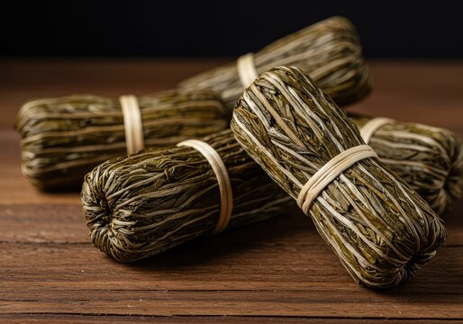 Close-up view of several handcrafted bundles of dried loose leaf tea, showing the delicate texture and natural twine bindings on a rustic wooden background ,natural ,infusion ,flavor