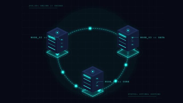 Data center isometric servers connected by glowing lines representing high speed information transfer and network infrastructure optimization