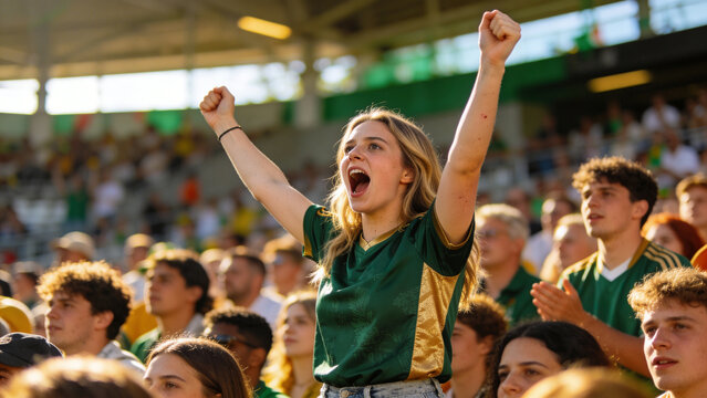Cheering female fan raising both arms in stadium bleacher seats, showing green-and-gold jersey