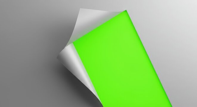 Corner of a gray or white surface sheet is curling and peeling away to expose a bright, clean, vibrant green background underneath ,banner ,fold ,graphic element