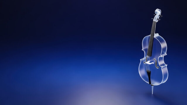 A glowing blue violin in a 3D render, standing upright on a reflective surface with a deep blue gradient backdrop, evoking elegance and modernity.