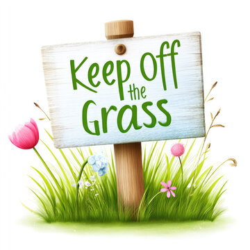 Watercolor cartoon clipart of park sign with "keep off the grass" text amidst lush greenery and flowers, ideal for environmental awareness designs and garden themes on white background
