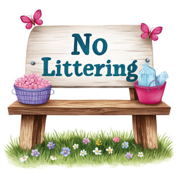 Watercolor cartoon clipart of a park no littering sign with butterflies and flowers for environmental awareness and kids education on white background