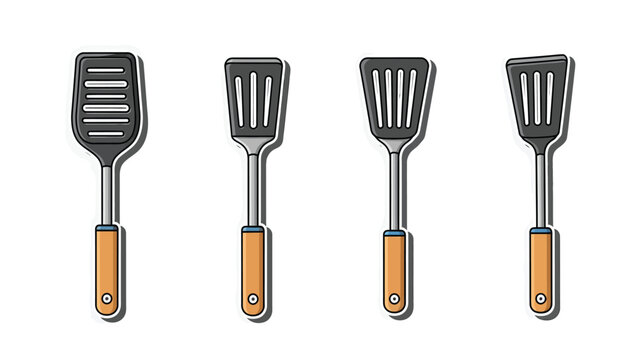Set of four kitchen spatulas with slotted heads and wooden handles, isolated on white background.