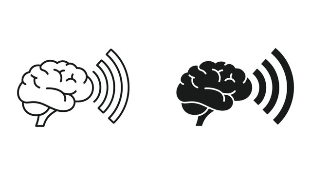 Brain with sound waves emitting from it in black and white line art style on white background