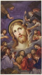 Obraz premium Biblical Scene: Jesus Christ Surrounded by Angels and Disciples in a Dramatic Religious Illustration.