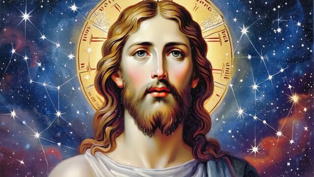 Serene Christ Portrait: Detailed Religious Iconography Depicting Jesus with a Gentle Expression and Divine Light Background