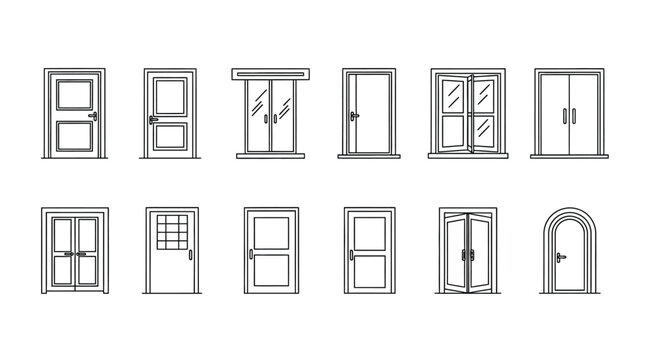 Collection of architectural door and window designs in a simple line art style