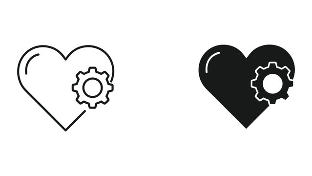 Black and white heart with gear icon in line and solid style for love and mechanics concepts isolated on white background