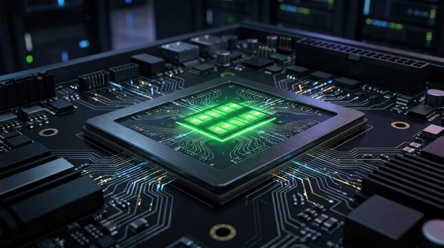 Edge AI inference chip with glowing green cores processing data at high speed, advanced semiconductor concept for business automation, analytics and next generation enterprise computing, dark premium