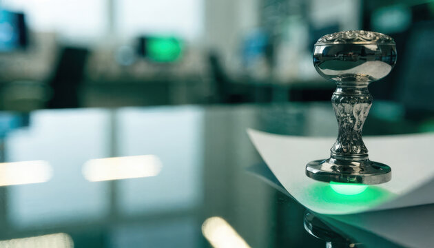 Antique metal stamp on reflective desk with paper and green light