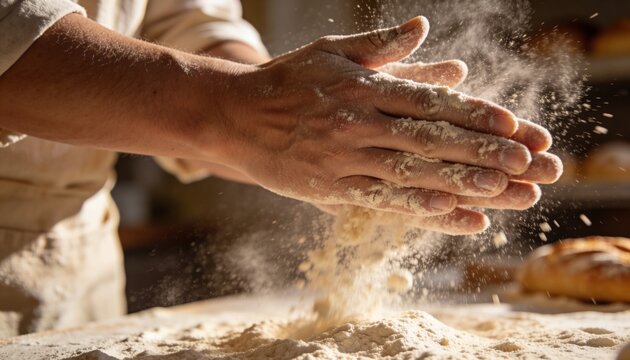Clapping hands and forearms wearing beige apron scattering flour over counter with dough and loaf