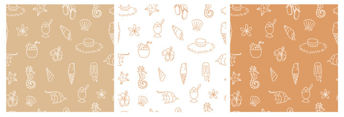 Seamless Hand-Drawn Tropical Beach Vacation Patterns in Earth Tones © Diana