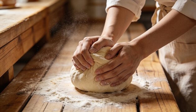 Kneading baker hands pressing, folding dough on floured wooden workbench in kitchen, wearing apron