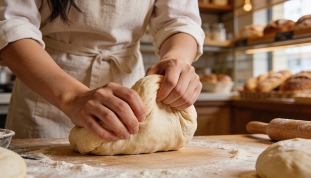 Kneading baker shaping dough on wooden counter at bakery, with rolled sleeves, apron, rolling pin