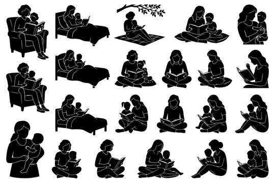 Silhouette illustrations of women reading with children in various poses.